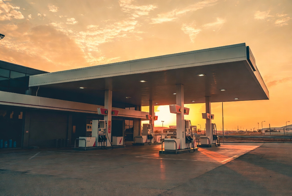 Petroleum fuel station at sunset